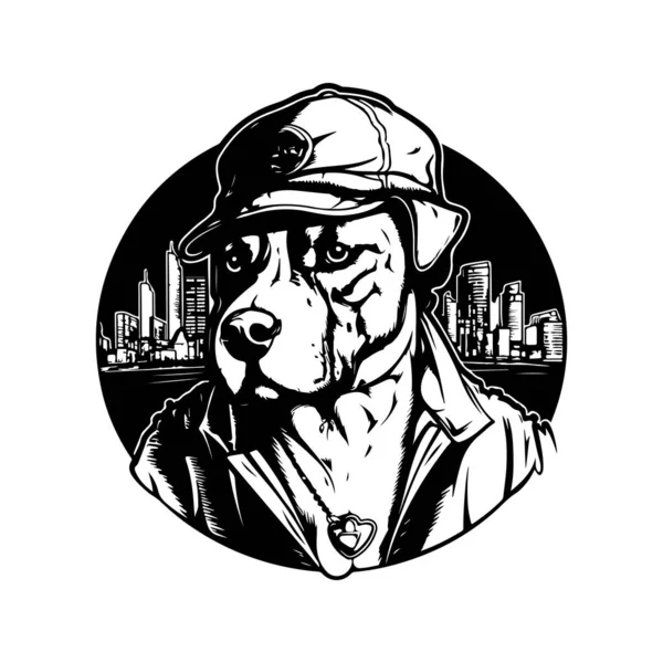 Pit Bull Doggy Αστική Πόλη Vintage Λογότυπο Γραμμή Τέχνης Έννοια — Διανυσματικό Αρχείο