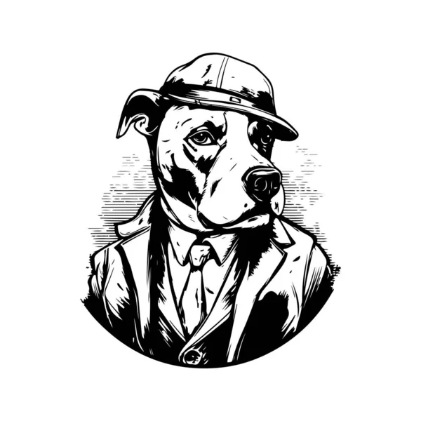 Pitbull Köpekli Şehir Klasik Logo Hattı Sanat Konsepti Siyah Beyaz — Stok Vektör