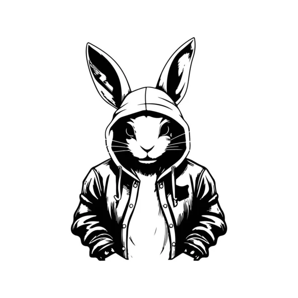 パーカーを着たウサギ ヴィンテージロゴラインアートコンセプト黒と白 手描きイラスト — ストックベクタ