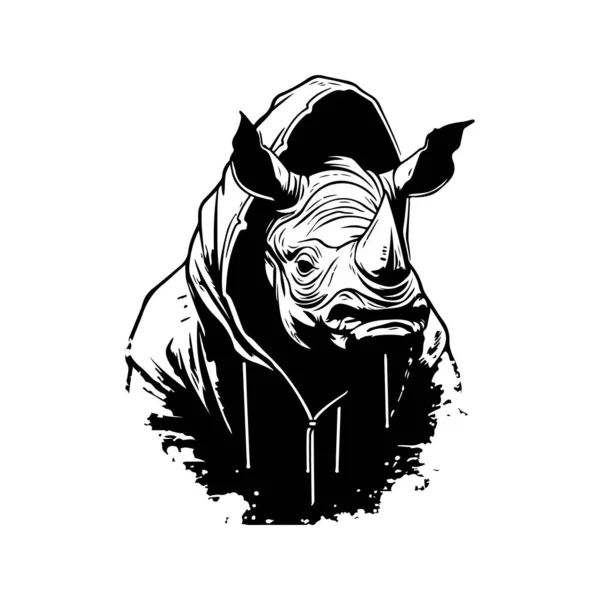 Nashorn Trägt Kapuzenpulli Vintage Logo Linie Kunstkonzept Schwarz Weiß Farbe — Stockvektor