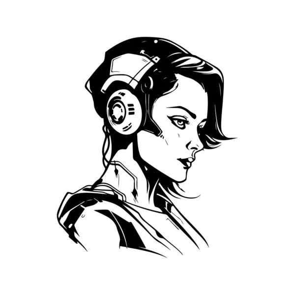 Science Fiction Cyborg Vrouw Vintage Logo Lijn Kunst Concept Zwart — Stockvector
