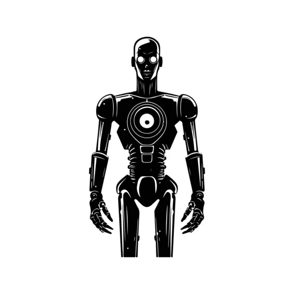 Science Fiction Humanoid Robot Vintage Logotyp Linje Konst Koncept Svart — Stock vektor