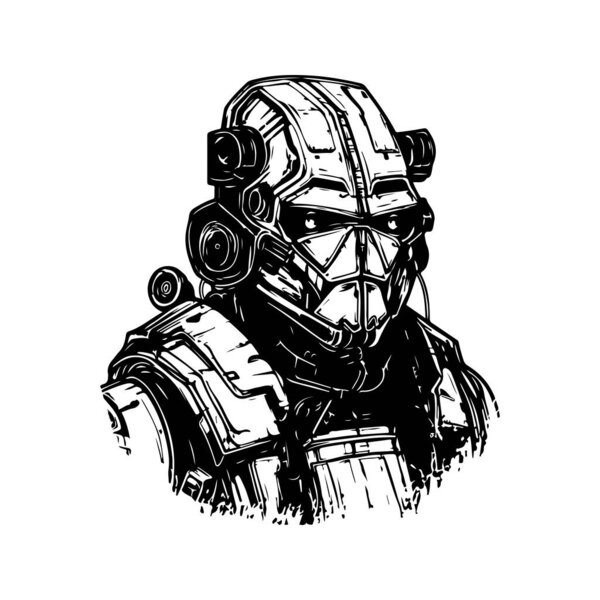 science fiction military robot warrior, vintage logo line art concept black and white color, hand drawn illustration