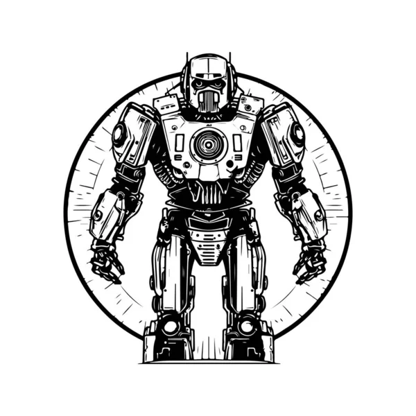 Sf軍用ロボット戦士ヴィンテージロゴラインアートコンセプト黒と白手描きイラスト — ストックベクタ