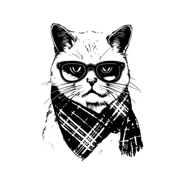Gato Escocés Con Gafas Sol Bufanda Logotipo Vendimia Concepto Arte — Vector de stock