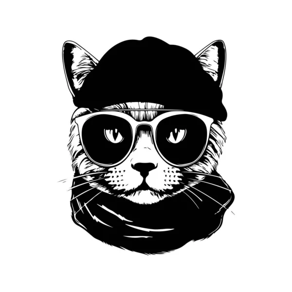 Gato Escocês Vestindo Óculos Sol Cachecol Logotipo Vintage Linha Arte — Vetor de Stock
