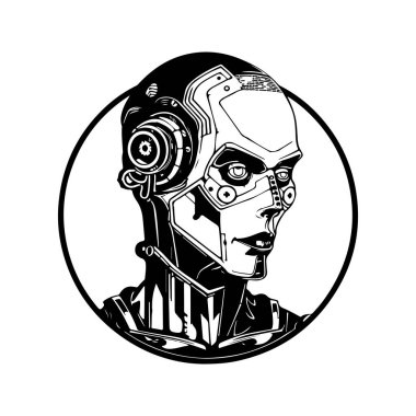 İnsansı cyborg, klasik logo çizgisi sanat konsepti siyah beyaz renk, el çizimi illüstrasyon