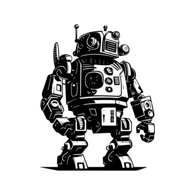 askeri robot, klasik logo çizgisi sanat konsepti siyah-beyaz renk, el çizimi illüstrasyon