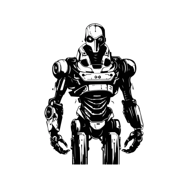 Ανθρωποειδές Cyborg Vintage Λογότυπο Γραμμή Τέχνης Έννοια Μαύρο Και Άσπρο — Διανυσματικό Αρχείο