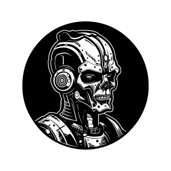 Humanoide Cyborg Vintage Logo Linie Kunstkonzept Schwarz Weiße Farbe Handgezeichnete — Stockvektor