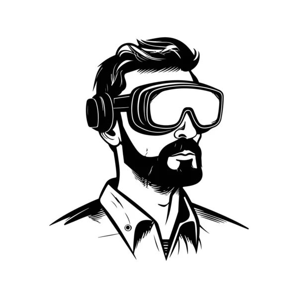 Mann Trägt Virtual Reality Brille Vintage Logo Linie Kunstkonzept Schwarz — Stockvektor