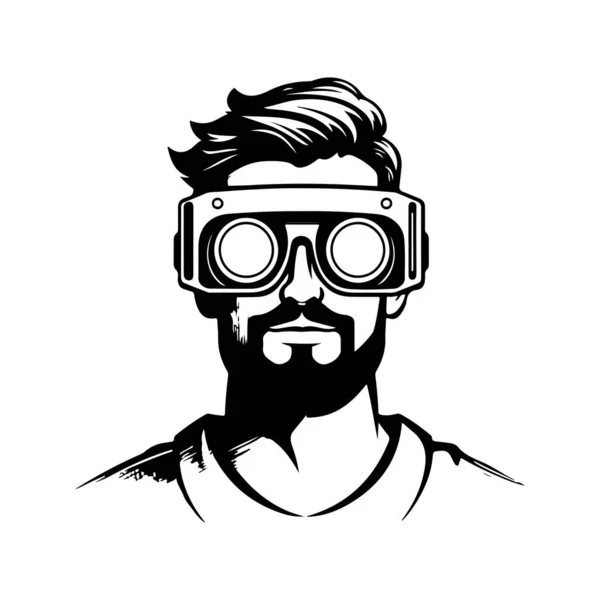 戴着虚拟现实眼镜的男人 老式标志线条艺术概念黑白色彩 手绘插图 — 图库矢量图片