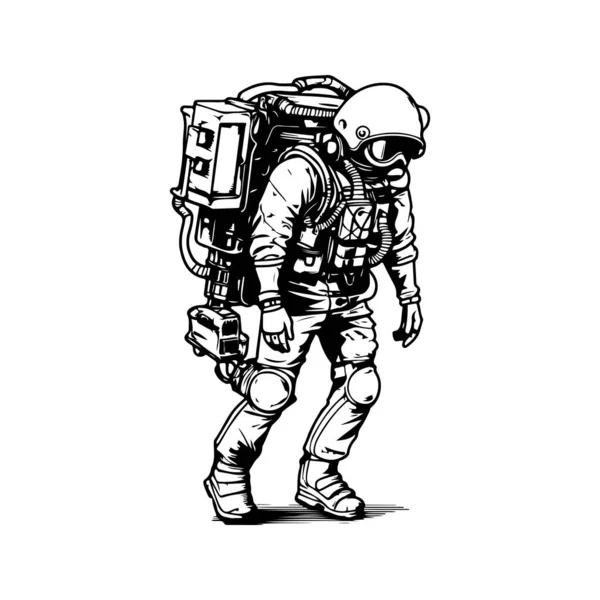 Combat Militaire Caractère Exosquelette Vintage Logo Ligne Art Concept Noir — Image vectorielle