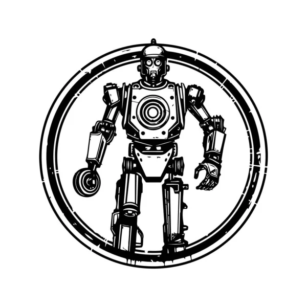 Robot Militar Vintage Logotipo Línea Arte Concepto Color Blanco Negro — Vector de stock