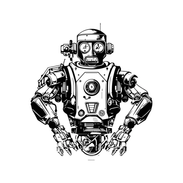 Військовий Робот Вінтажний Логотип Концепт Лінії Мистецтва Чорно Білого Кольору — стоковий вектор