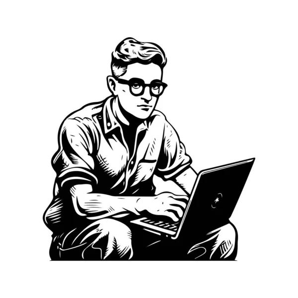书呆子与笔记本电脑 老式标志线艺术概念黑白颜色 手绘插图 — 图库矢量图片