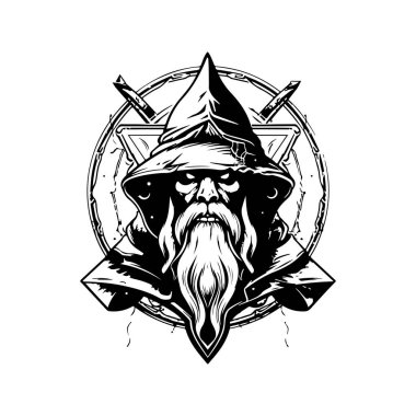 ilkel büyücü, klasik logo çizgisi sanat konsepti siyah beyaz renk, el çizimi illüstrasyon