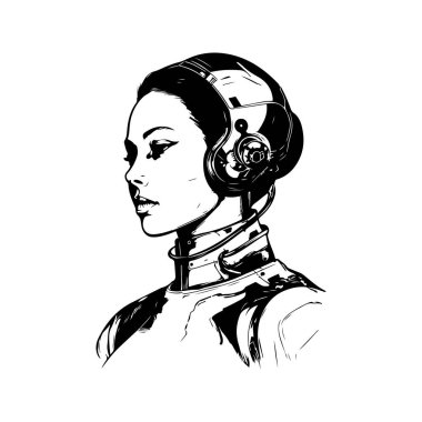 Bilim kurgu cyborg kadın, klasik logo çizgisi sanat konsepti siyah-beyaz renk, el çizimi illüstrasyon