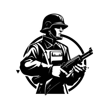 çelik asker, klasik logo çizgisi sanat konsepti siyah-beyaz renk, el çizimi illüstrasyon
