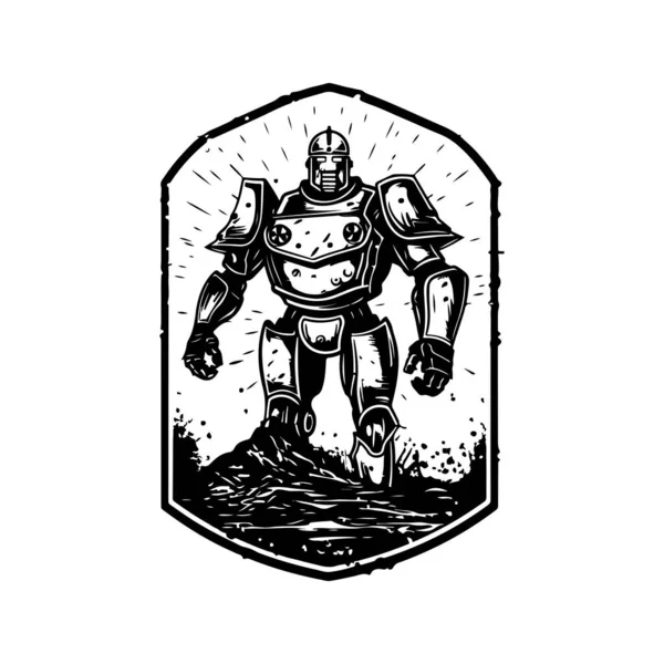 Робот Атаки Винтажный Логотип Линии Художественной Концепции Черно Белый Цвет — стоковый вектор
