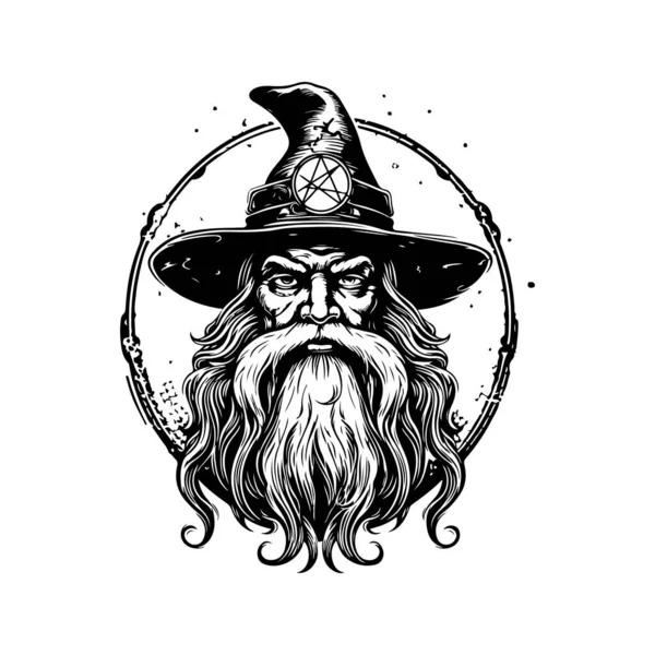 Bir Büyücünün Portresi Klasik Logo Çizgisi Sanat Konsepti Siyah Beyaz — Stok Vektör