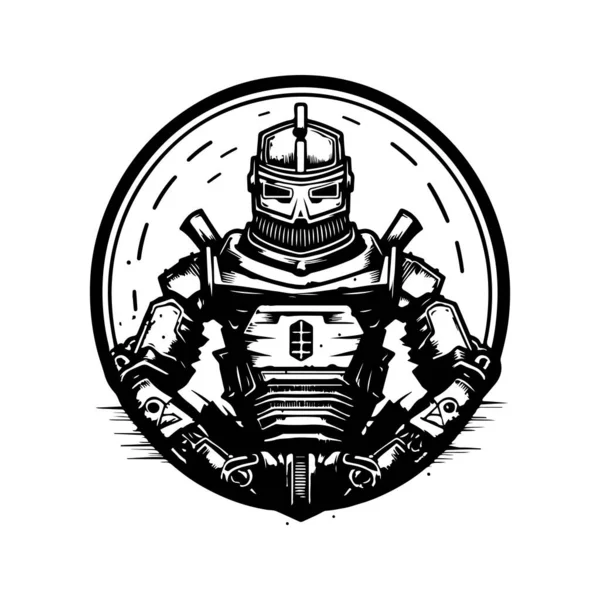 ロボット攻撃ヴィンテージロゴラインアートコンセプト黒と白手描きイラスト — ストックベクタ
