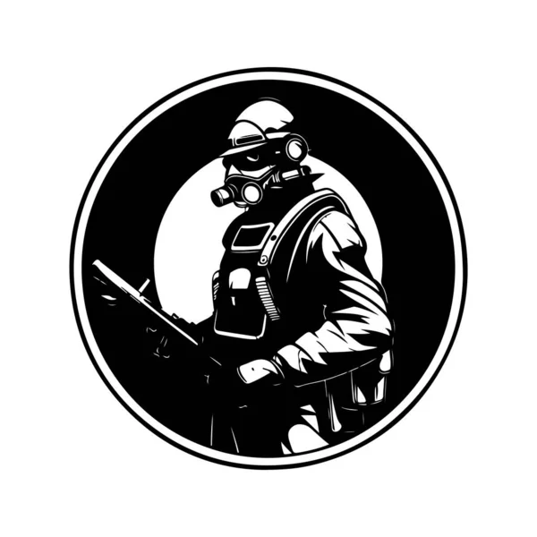 Science Fiction Soldat Vintage Logo Line Art Concept Schwarz Weiß — Stockvektor