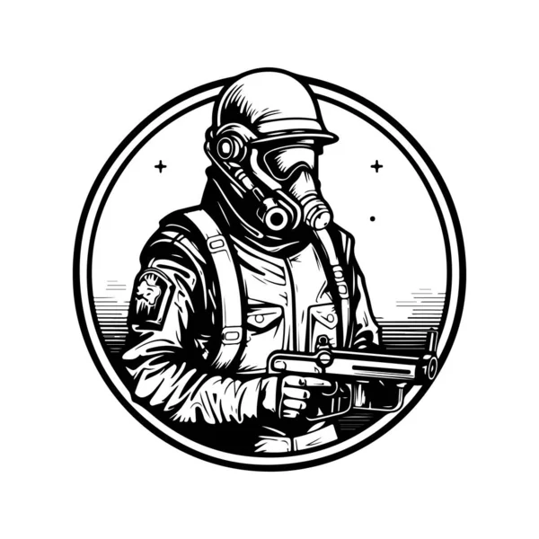 Science Fiction Soldat Vintage Logo Line Art Concept Schwarz Weiß — Stockvektor