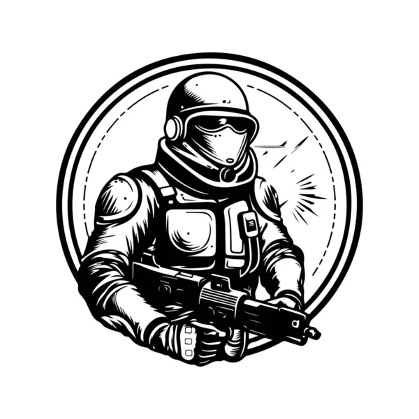 Солдат Научной Фантастики Винтажный Логотип Линия Художественное Понятие Черно Белый — стоковый вектор