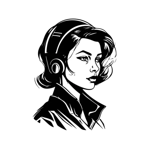 Ernsthafte Junge Mädchen Vintage Logo Line Art Concept Schwarz Weiß — Stockvektor