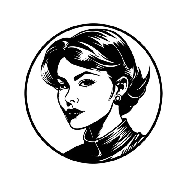 Sérieux Jeune Fille Vintage Logo Ligne Art Concept Noir Blanc — Image vectorielle