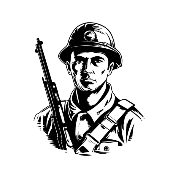 Στρατιώτης Χαρακτήρα Vintage Λογότυπο Γραμμή Τέχνης Έννοια Μαύρο Και Άσπρο — Διανυσματικό Αρχείο