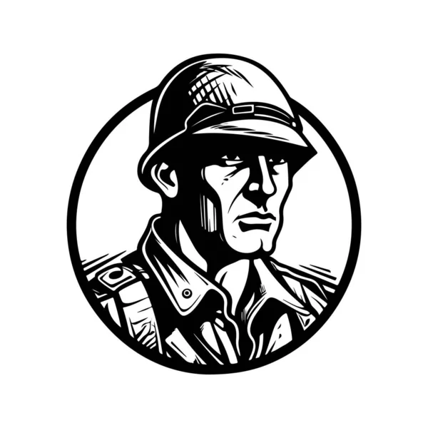 Personaggio Soldato Logo Vintage Linea Art Concept Colore Bianco Nero — Vettoriale Stock