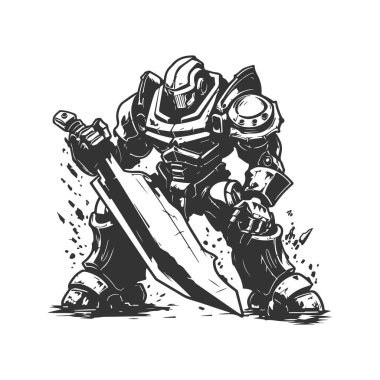 Istıraplı satır mecha, klasik logo çizgisi sanat konsepti siyah beyaz renk, el çizimi illüstrasyon