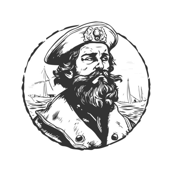 adventurous captain depressed, vintage logo line art concept black and white color, hand drawn illustration
