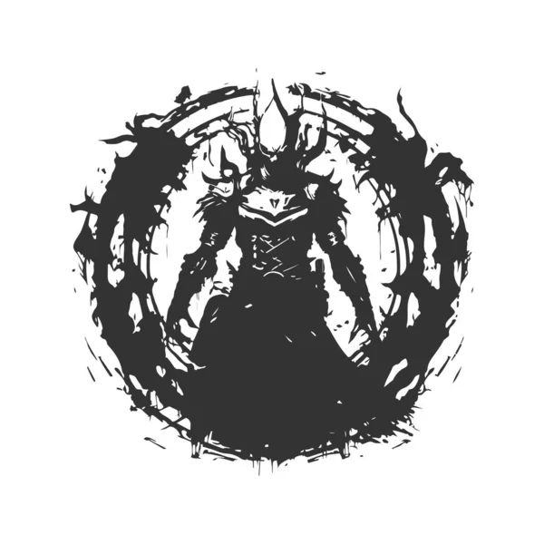 怒りと火の黙示録的な召喚者デュエリスト ヴィンテージのロゴラインアートコンセプト黒と白の色 手描きイラスト — ストックベクタ