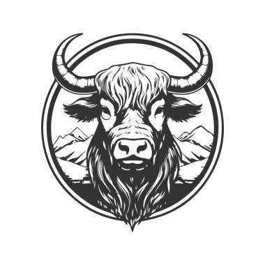 yak, klasik logo çizgisi sanat konsepti siyah-beyaz renk, el çizimi illüstrasyon