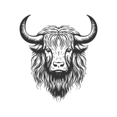 Yak canavarı, klasik logo çizgisi sanat konsepti siyah beyaz renk, el çizimi illüstrasyon