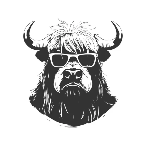 Yak Wearing Sunglasses Vintage Logo Line Art Concept Black White — Stock Vector