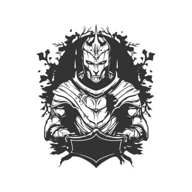 İyileştirici şövalye, klasik logo çizgisi sanat konsepti siyah beyaz renk, el çizimi illüstrasyon
