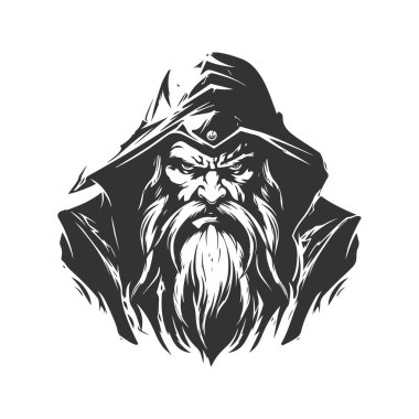 Psiwarlord sihirbazı, klasik logo çizgisi sanat konsepti siyah beyaz renk, el çizimi illüstrasyon