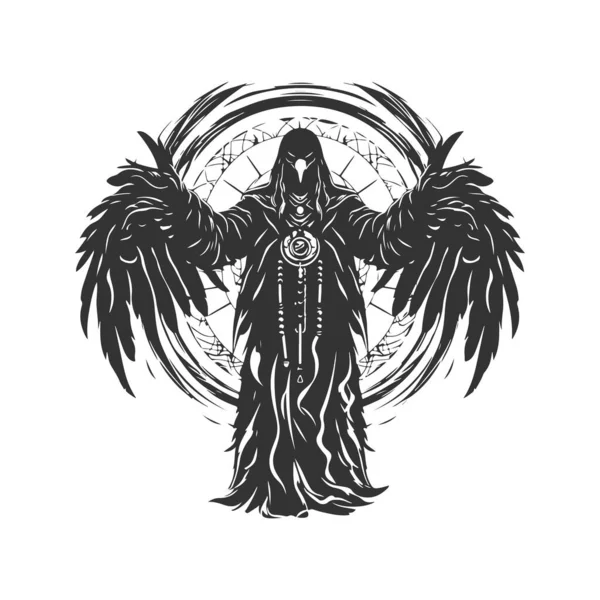 Raven Sorcerer Vintage Logo Line Art Concept Black White Color — Stock Vector