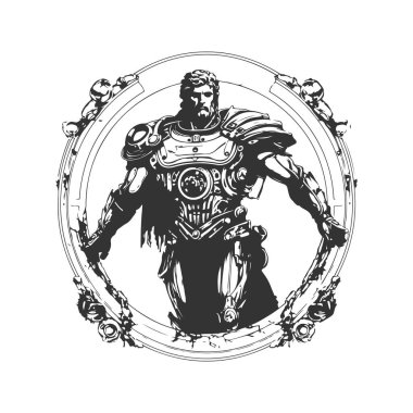 ancient olympian heroes steampunk, vintage logo line art concept black and white color, hand drawn illustration clipart