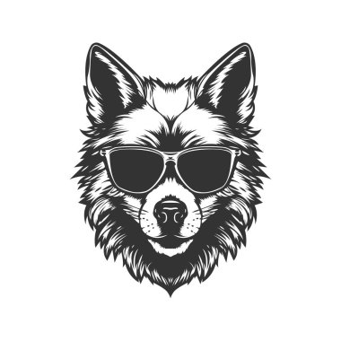 Kurt güneş gözlüğü takıyor, klasik logo çizgisi sanat konsepti siyah beyaz, el çizimi illüstrasyon