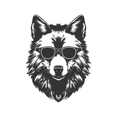 Kurt güneş gözlüğü takıyor, klasik logo çizgisi sanat konsepti siyah beyaz, el çizimi illüstrasyon