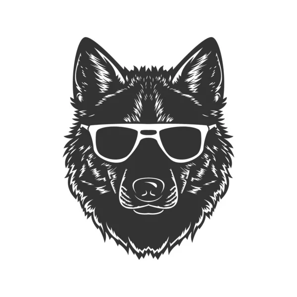 Wolf Wearing Sunglasses Vintage Logo Line Art Concept Black White — Stock Vector