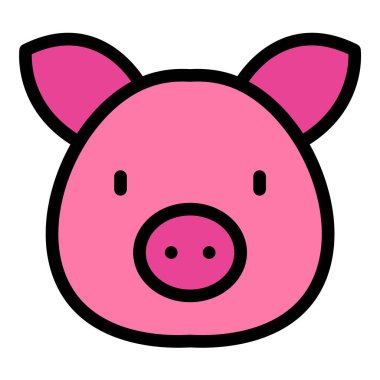 Domuz Simgesi Düz çizgi renginde, yuvarlak hatlı, kıvırcık kuyruklu şirin bir domuzun ve basitlik ve çekiciliği vurgulayan dostça bir ifadenin çizimi.