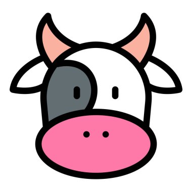 İnek Simgesi basitleştirilmiş yuvarlak gövdeli inek silueti, küçük boynuzlar ve düz çizgi renk tarzında belirgin noktalar.