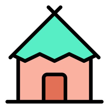 Düz çizgi tarzında kulübe simgesi basit bir barınağı temsil ediyor kırsal yaşam ve geleneksel konut seyahat için ideal doğa ve kültür kavramları.