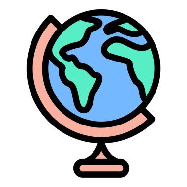 Düz çizgi tarzında coğrafya simgesi haritaları ve eğitim seyahati ve toprak bilimi kavramları için ideal küresel keşifleri temsil eder..